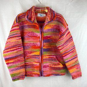 Hand Knit 100% Wool Sweater Ecuador XL Zip Red Purple Green Orange Pink EUC
